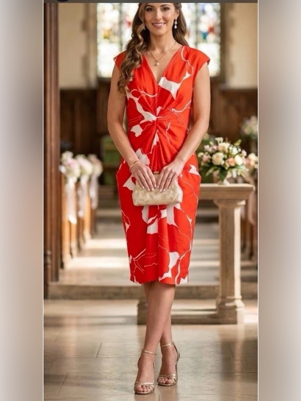 Donna Karan Red and White Twist-Front Midi Dress